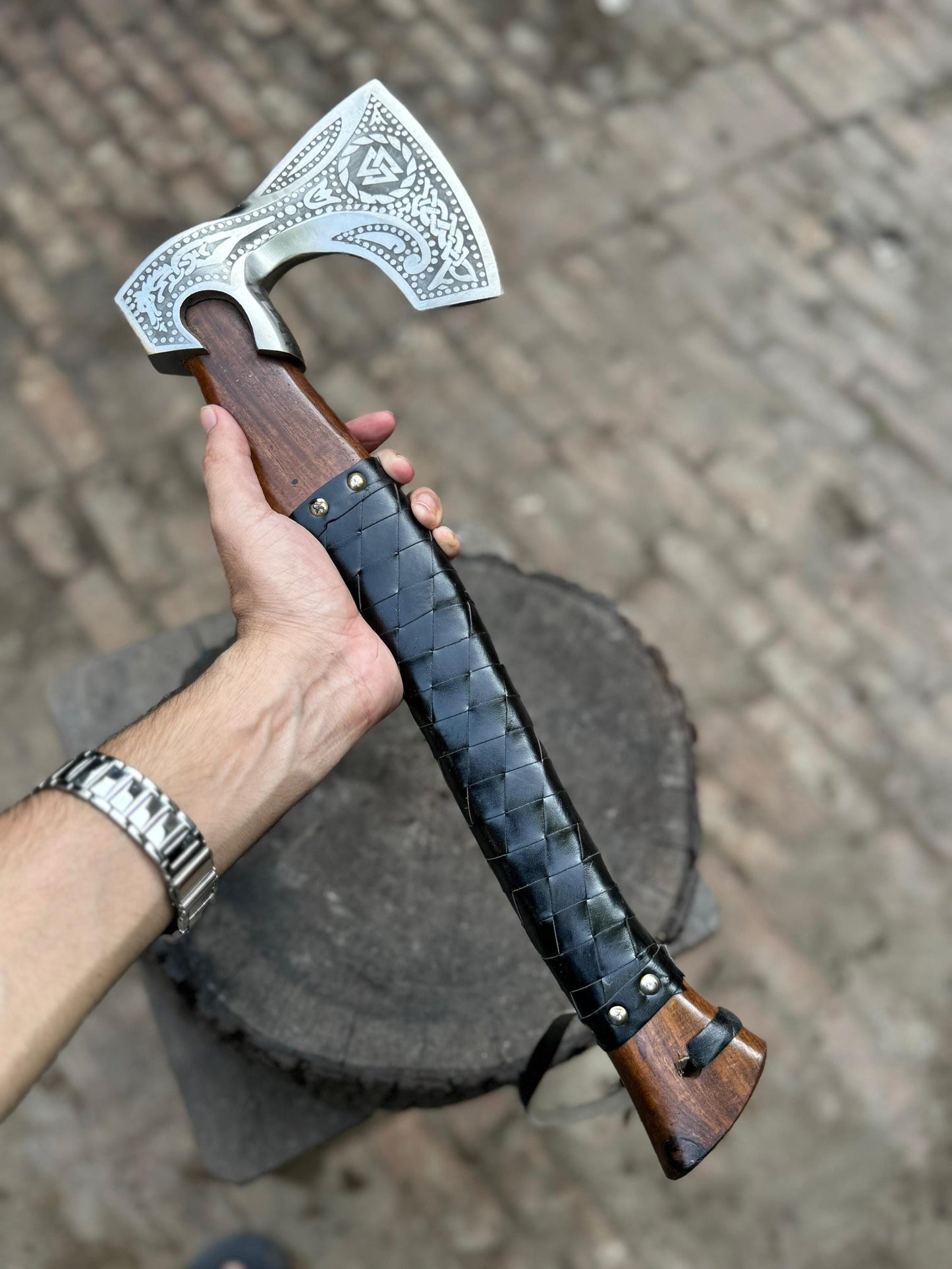 Viking Axe with Leather Wrapped Handle & Engraved Head – JW SteelCrafts