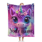 Personalized Unicorn Fleece Blanket: Purple Magical Floral Kids Throw, Super Soft Name Gift