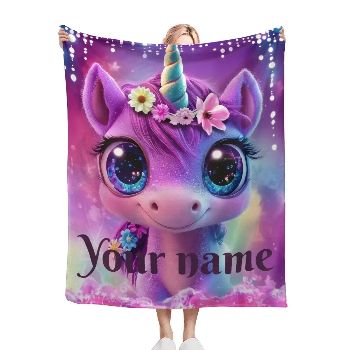 Personalized Unicorn Fleece Blanket: Purple Magical Floral Kids Throw, Super Soft Name Gift