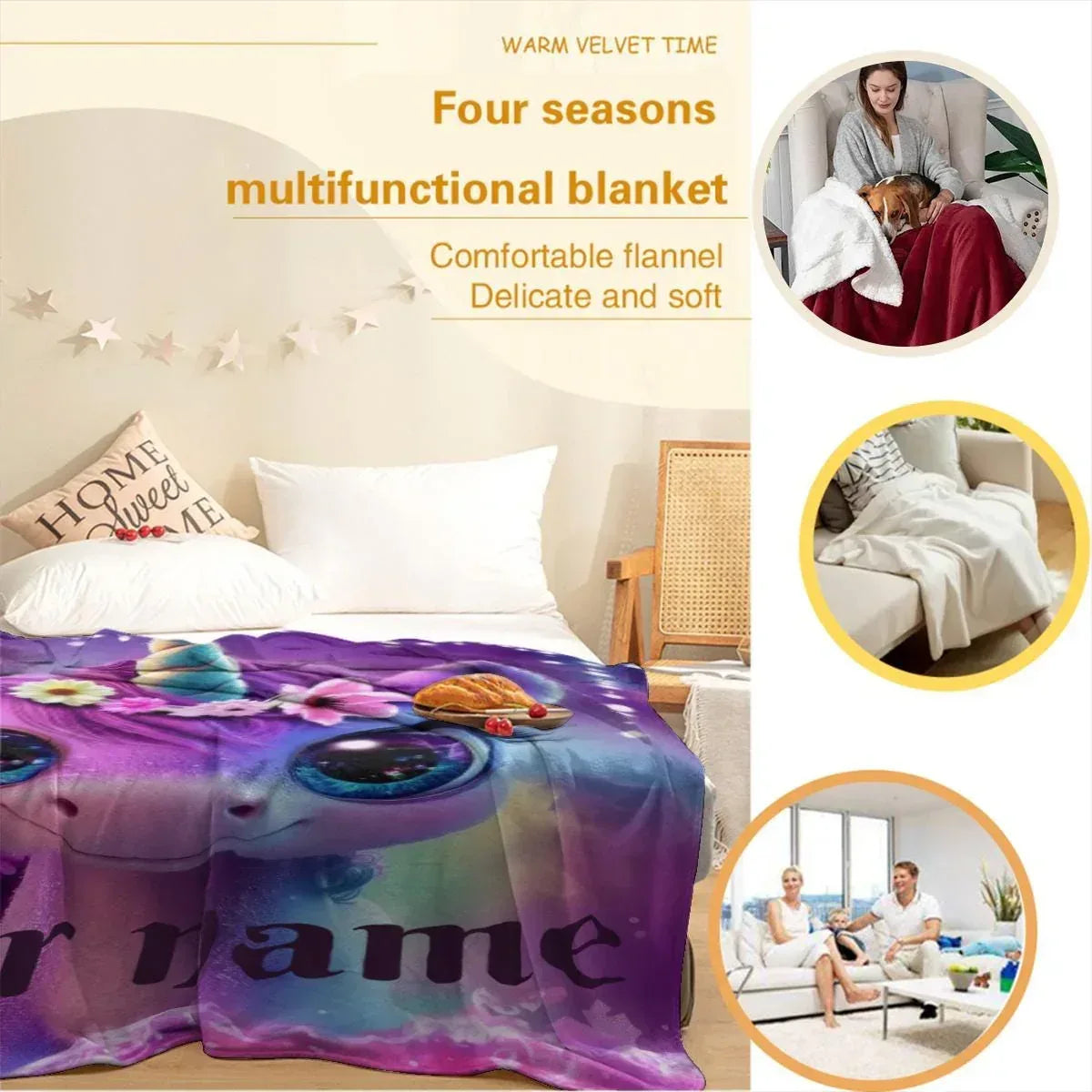 Personalized Unicorn Fleece Blanket: Purple Magical Floral Kids Throw, Super Soft Name Gift