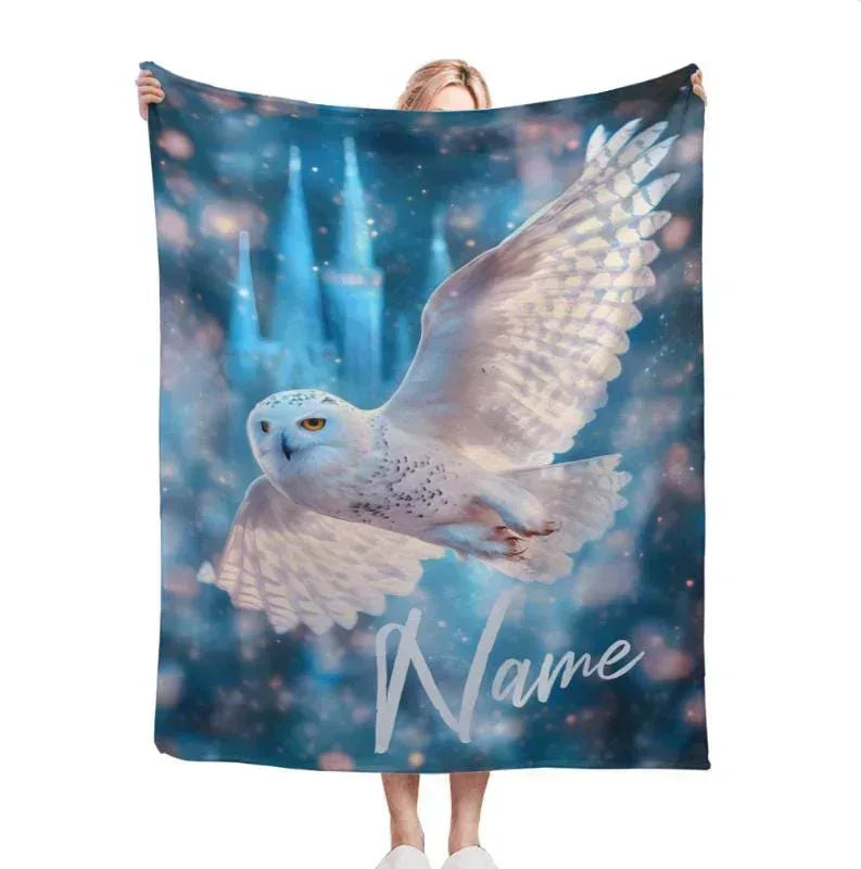 Personalized Wizarding Owl Blanket: Harry Potter Theme, Custom Flannel Fleece Name Throw