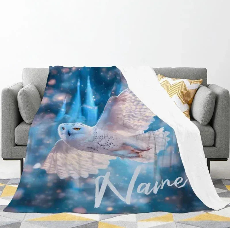 Personalized Wizarding Owl Blanket: Harry Potter Theme, Custom Flannel Fleece Name Throw