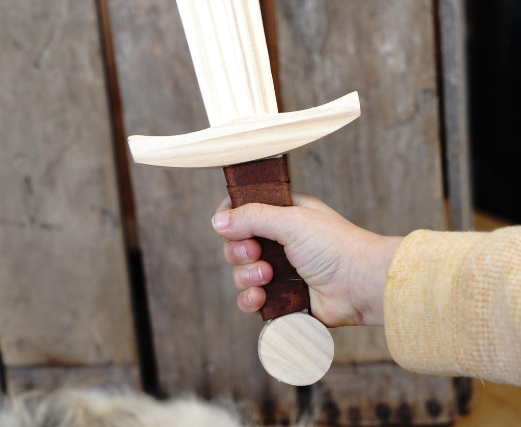 Small Kid's Handcrafted Wooden Toy 16" Short Sword with Leather-Wrapped Handle
