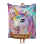 Personalized Unicorn Blanket: Rainbow Pink White Bedroom - Soft Flannel Fleece Throw, Name Gift