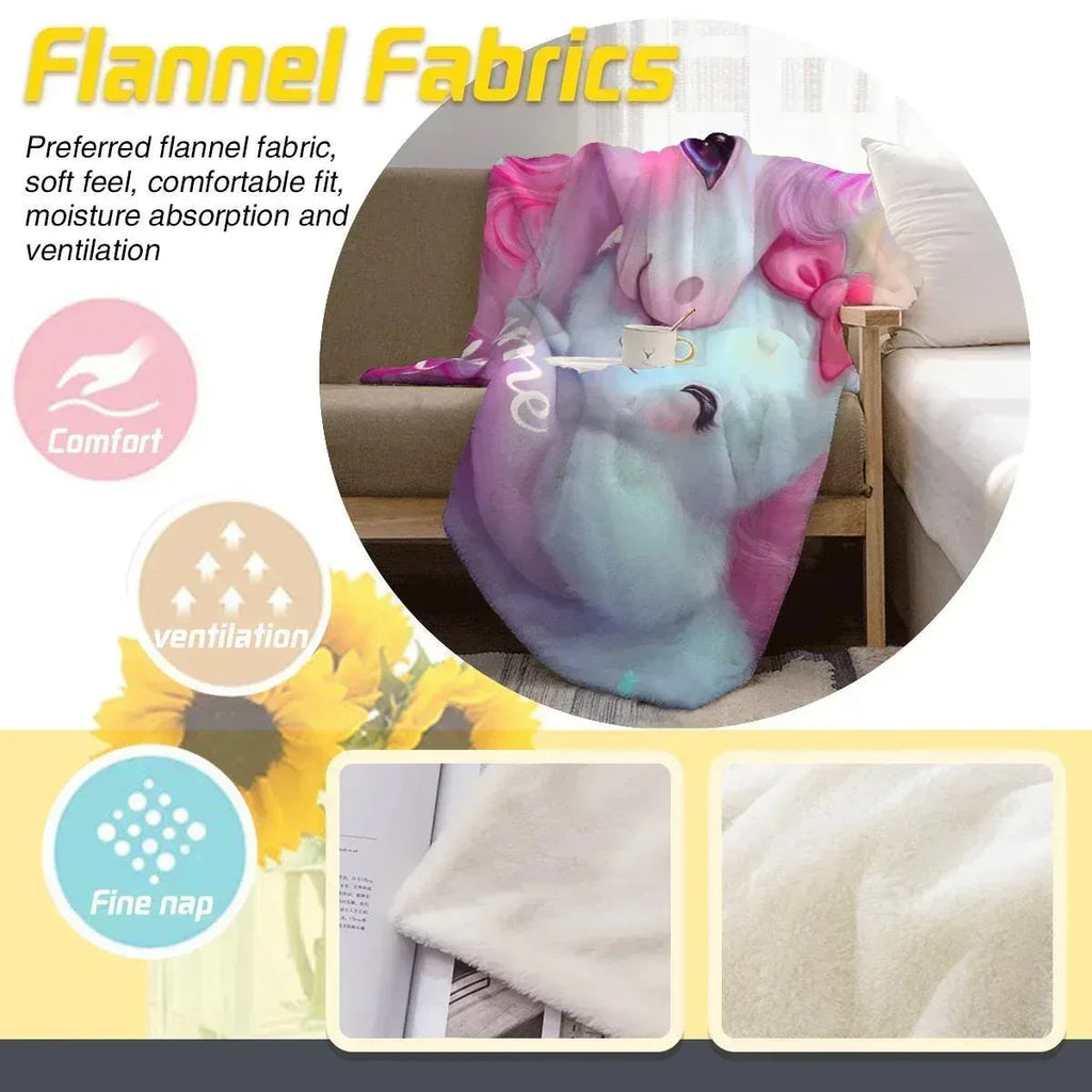 Personalized Unicorn & Kitty Plush Blanket, Custom Name Soft Flannel Fleece Throw