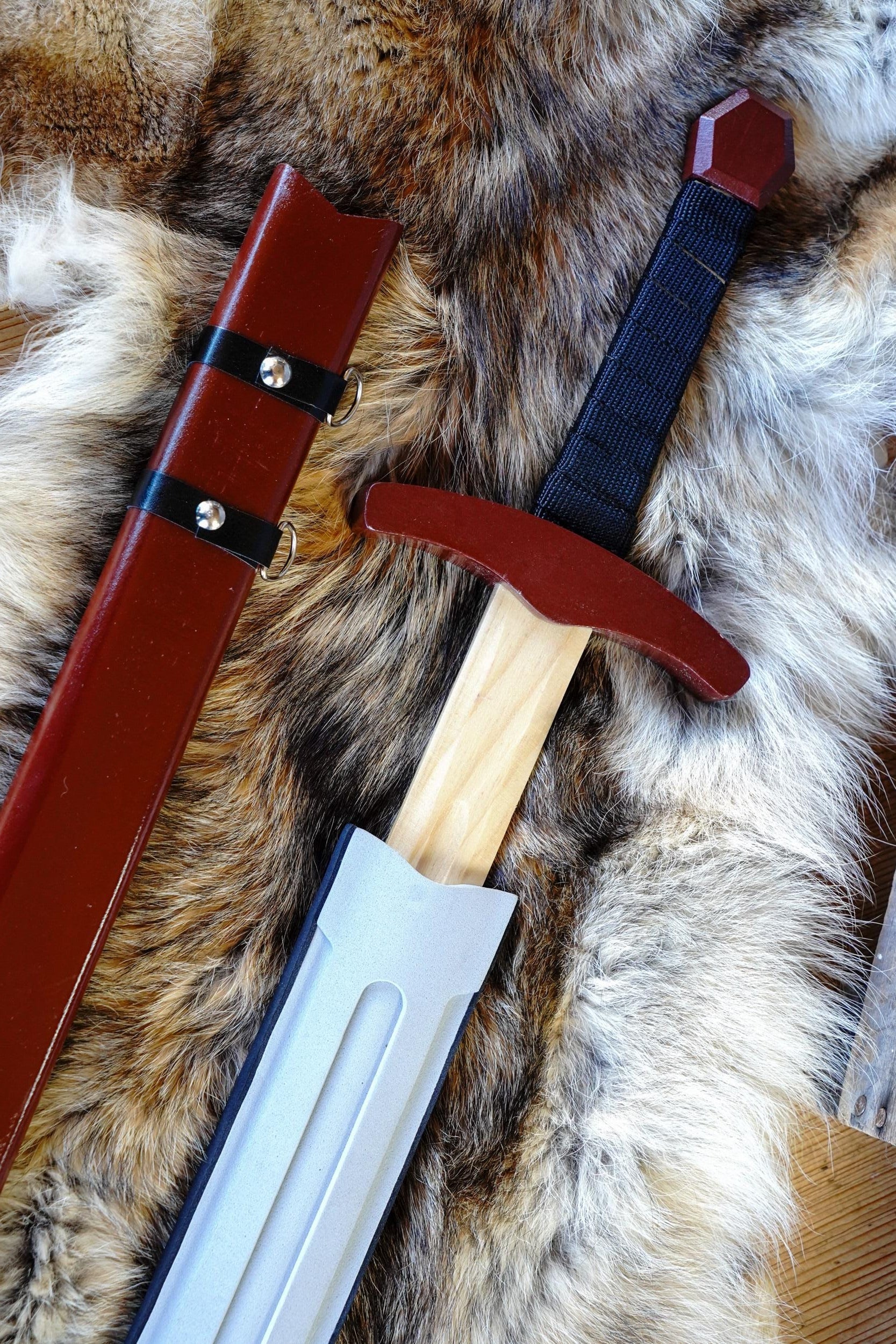 Wood Toy Sword with Sheath: Padded Foam Cover - Red, Blue, or Grey