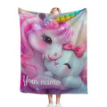 Personalized Unicorn & Kitty Plush Blanket, Custom Name Soft Flannel Fleece Throw