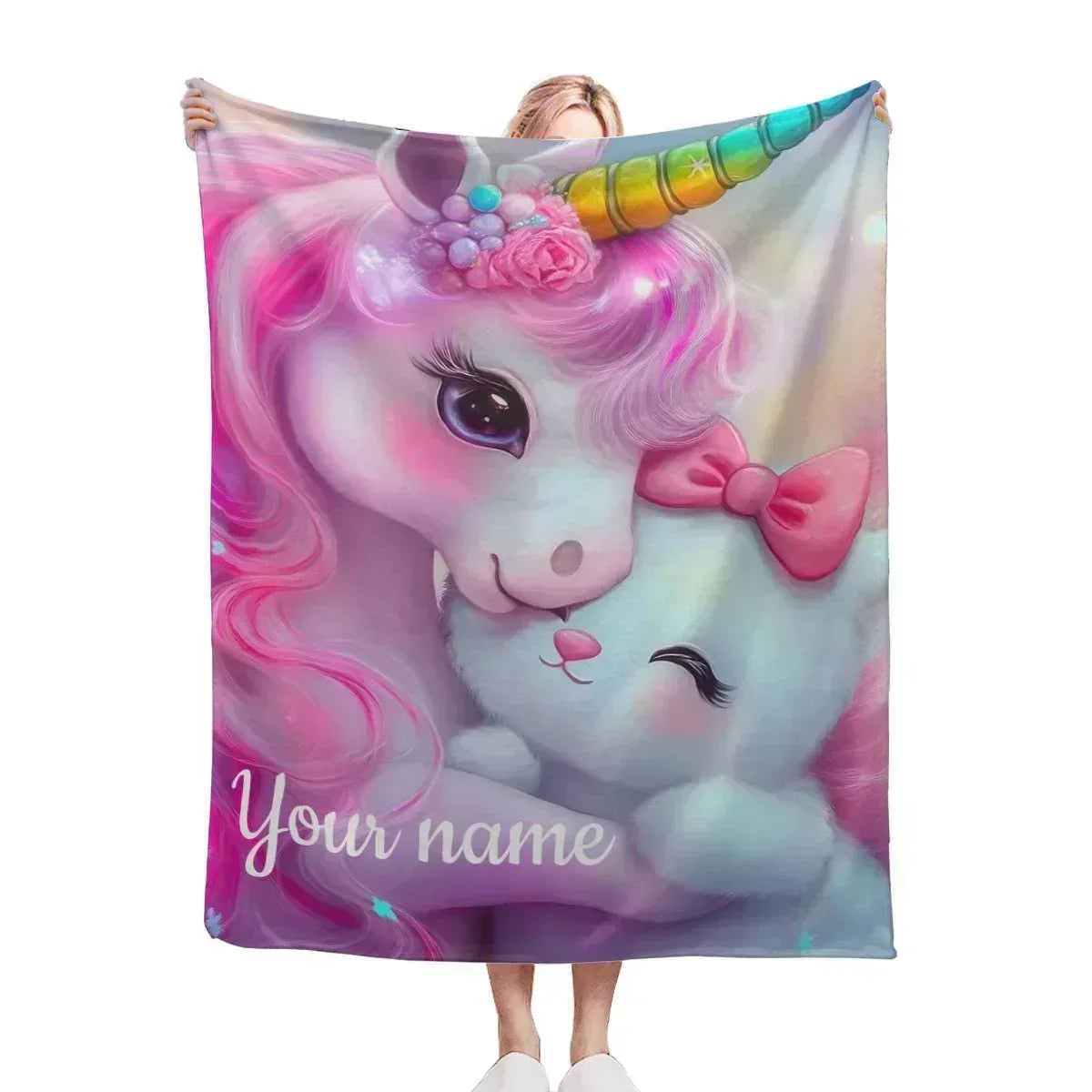 Personalized Unicorn & Kitty Plush Blanket, Custom Name Soft Flannel Fleece Throw
