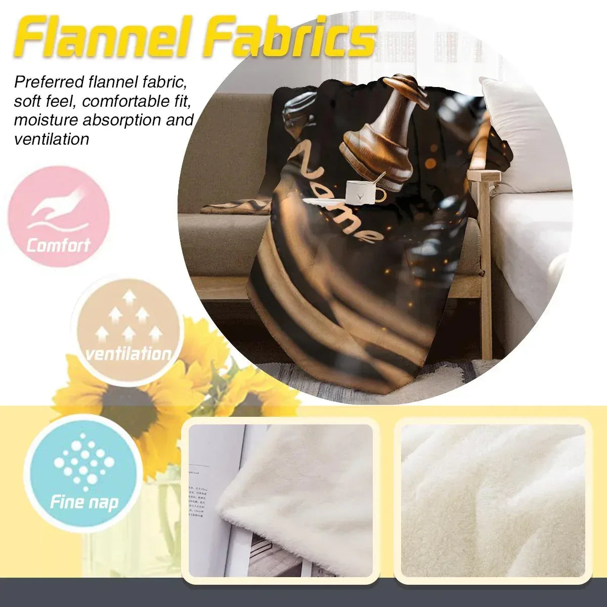 Personalized Chess Blanket: Grandmaster Soft Flannel Fleece Throw, Custom Name Gift