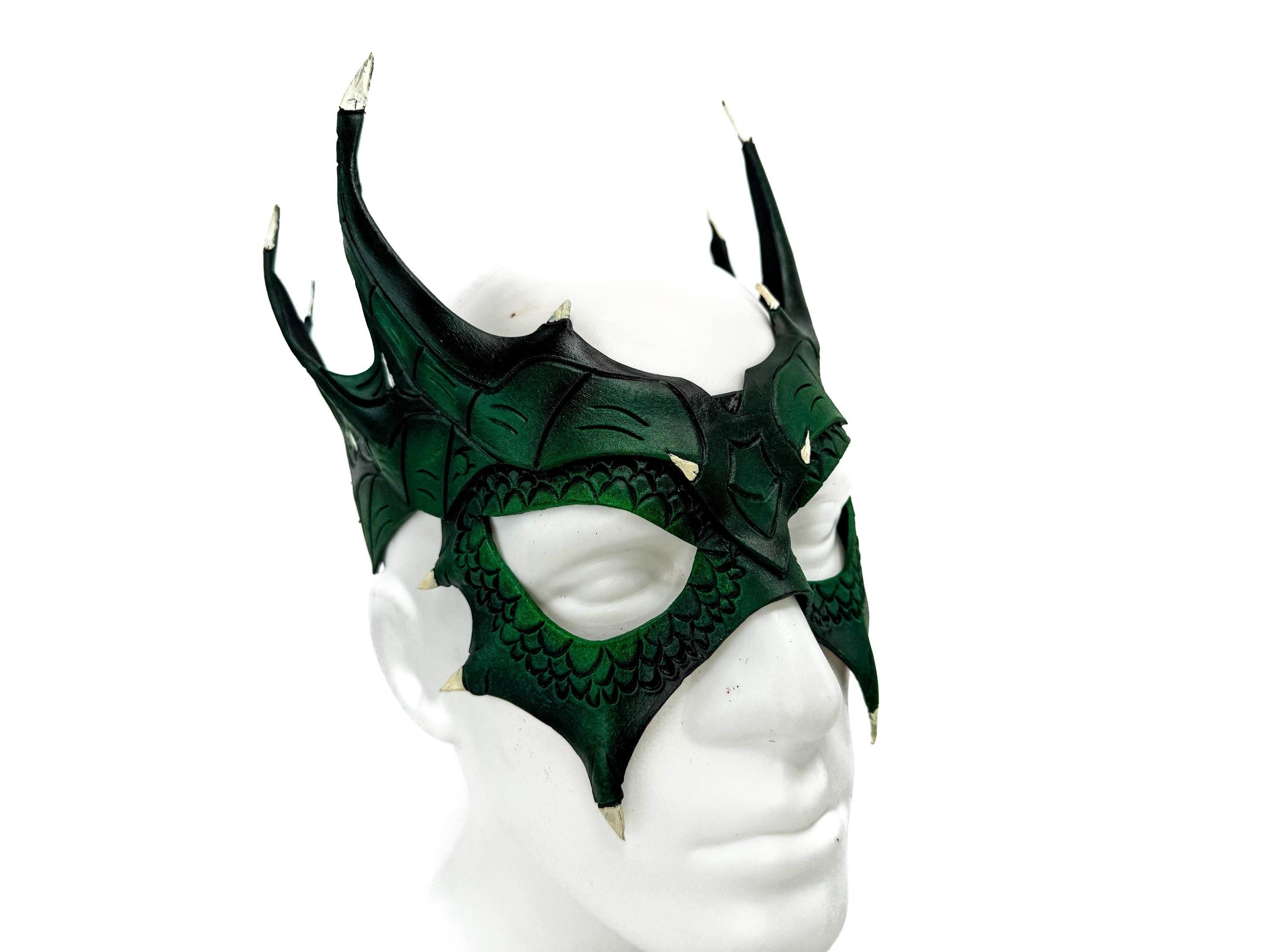 Green Dragon Crown Eye Mask - Handmade Genuine Leather - Masquerade, Halloween or Cosplay Costume - 