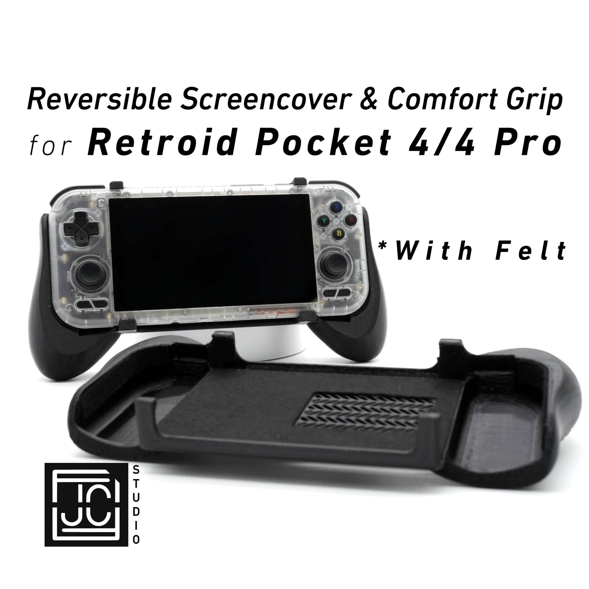 Grip for Retroid Pocket 4 / 4 Pro 2-in-1 Reversible Screen Cover & Thick Comfort Grip Case with Felt Wrap Ergonomic RP4 Handheld 2n1 Deluxe - Black