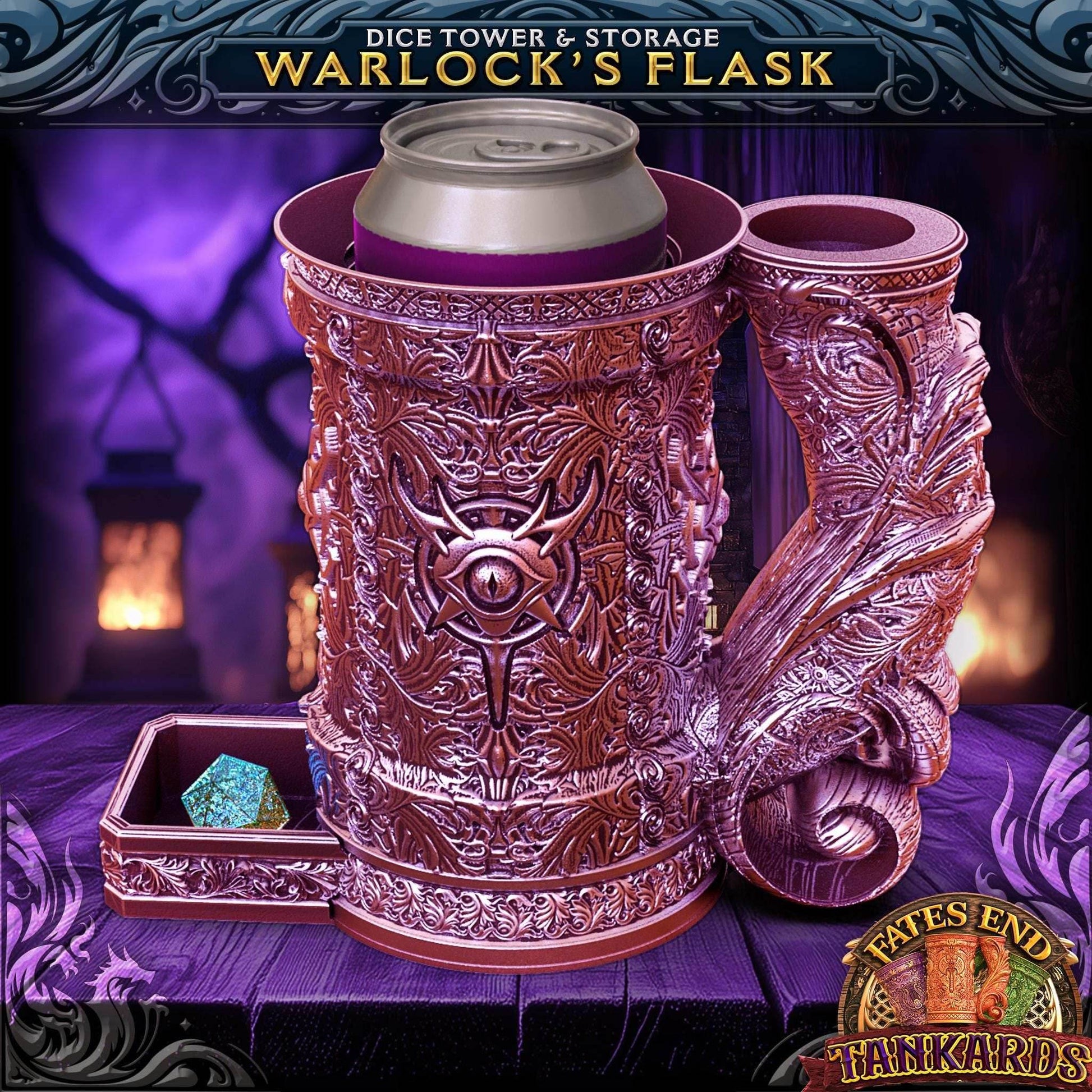 Warlock Themed Tankard Dice Tower and Can Holder with Dice Vault | Fates End RolePlay RP Gamer Mug Roll Gift Storage DND Classes from JCSFY - Dark Magic Black