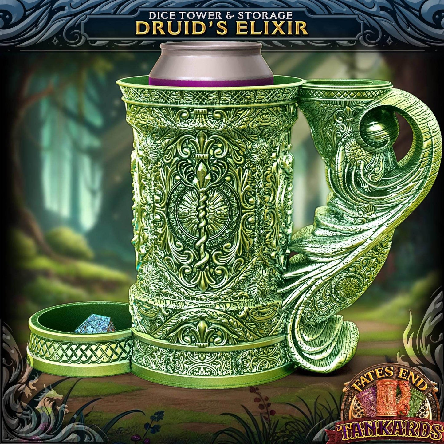 Druid Themed Tankard Dice Tower and Can Holder with Dice Vault | Fates End RolePlay RP Gamer Mug Roll Gift Storage DND Classes from JCSFY - Dark Magic Black