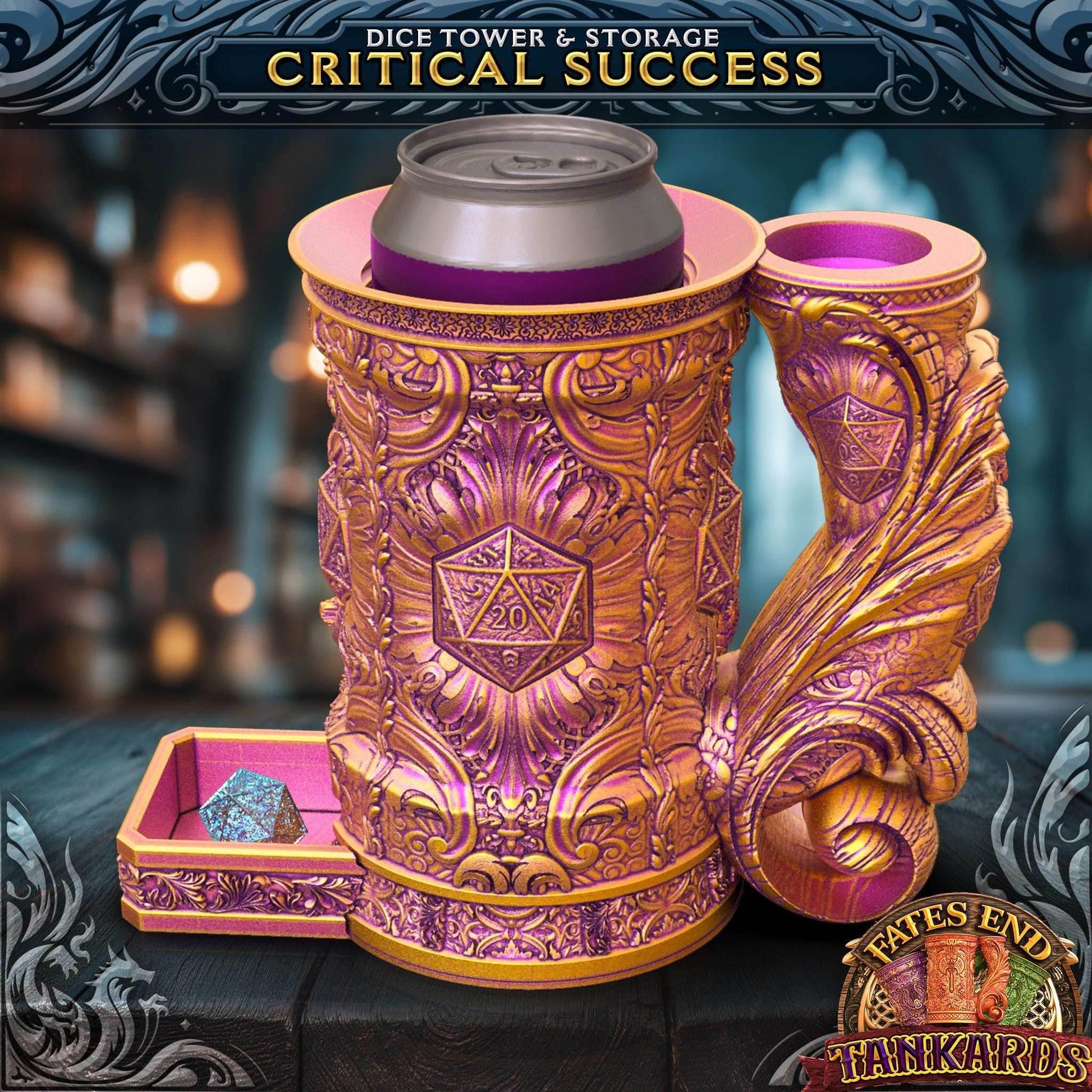 D20 Critical Tankard Dice Tower and Can Holder with Dice Vault | Fates End RolePlay RP Gamer Mug Roll Gift Storage DND Classes from JCSFY - Dark Magic Black