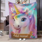 Personalized Unicorn Blanket: Rainbow Pink White Bedroom - Soft Flannel Fleece Throw, Name Gift