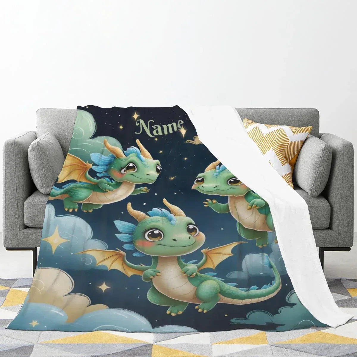 Personalized Green Dragon Blanket: Starry Night Bedroom Decor, Flannel Fleece Throw