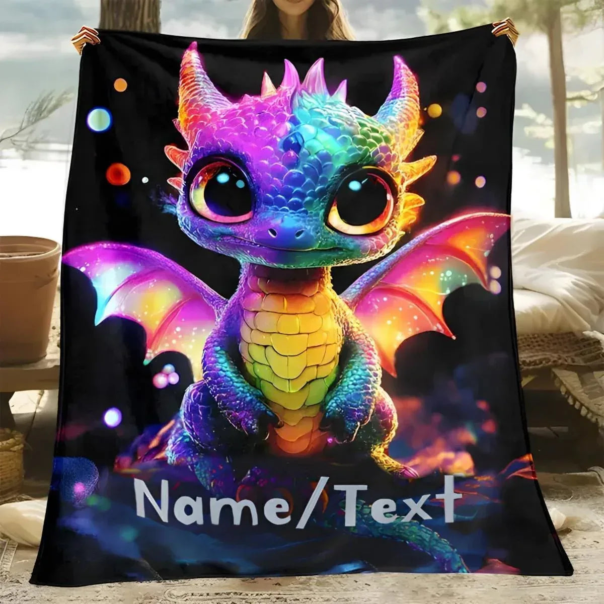 Personalized Glowing Rainbow Dragon Blanket: Soft Flannel Fleece Throw