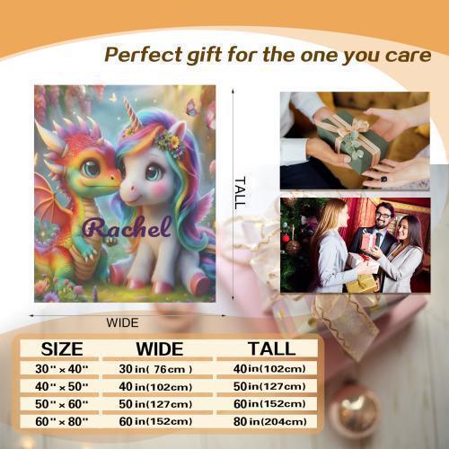 Personalized Unicorn & Dragon Blanket: Magical Fantasy Flannel Fleece Throw, Super Soft Kids Gift
