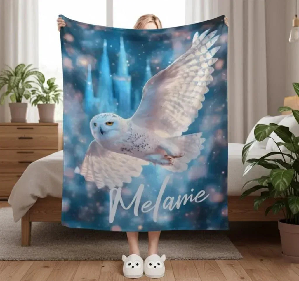 Personalized Wizarding Owl Blanket: Harry Potter Theme, Custom Flannel Fleece Name Throw