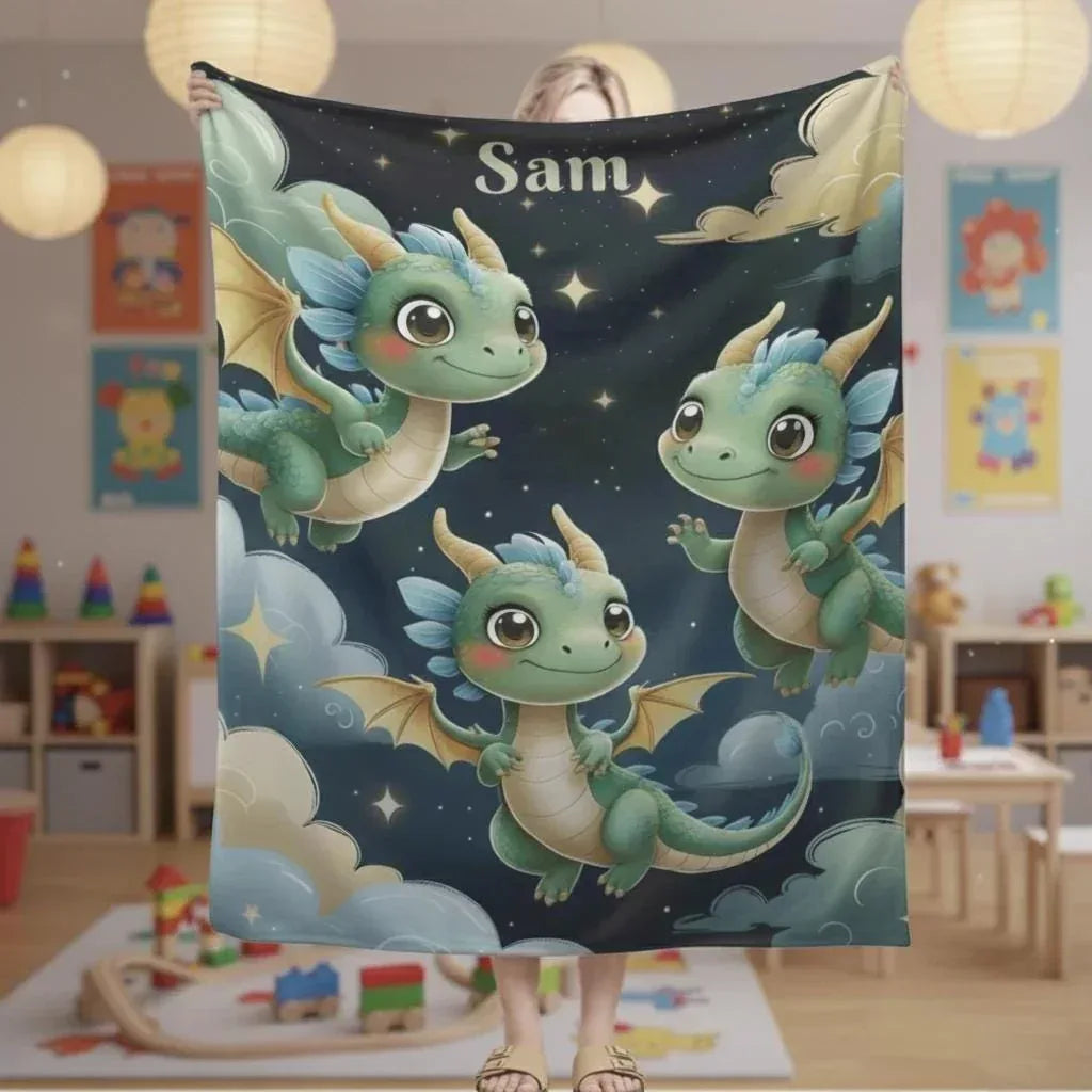 Personalized Green Dragon Blanket: Starry Night Bedroom Decor, Flannel Fleece Throw