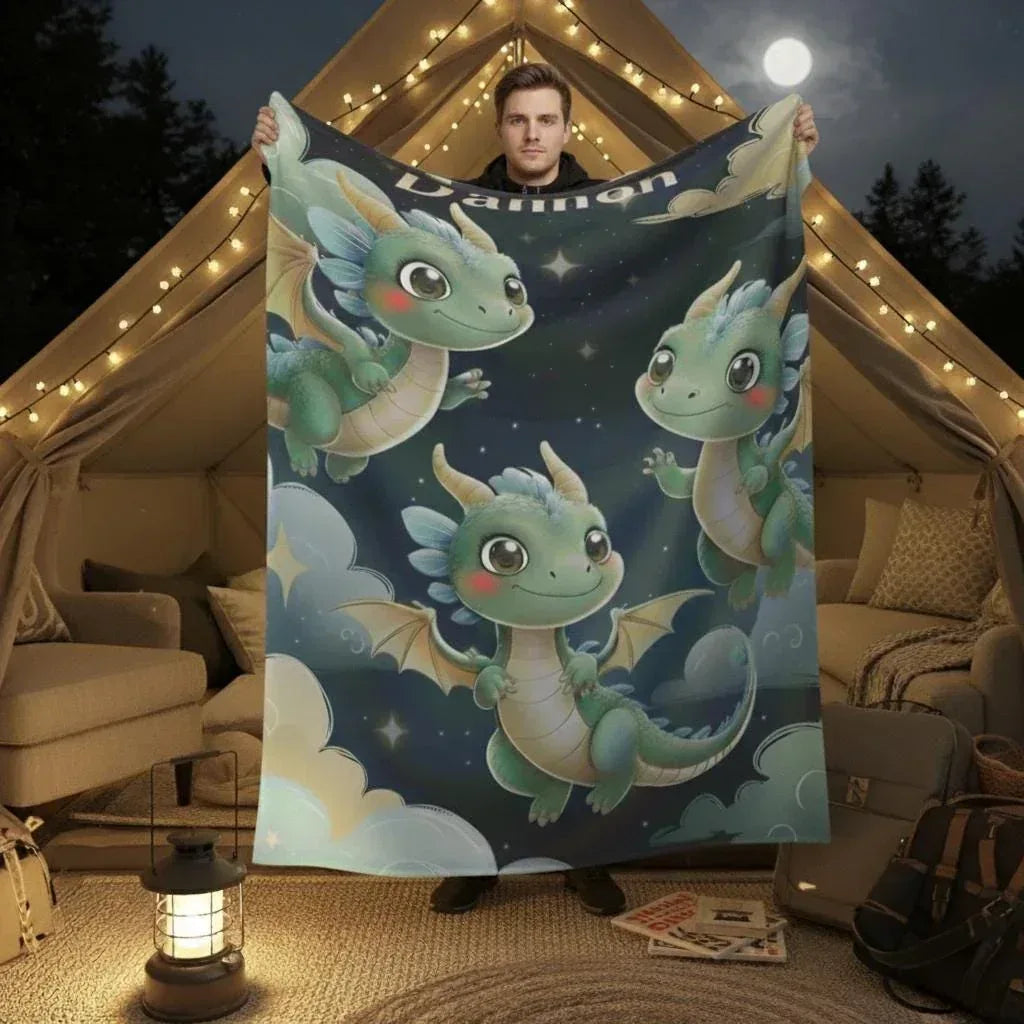 Personalized Green Dragon Blanket: Starry Night Bedroom Decor, Flannel Fleece Throw