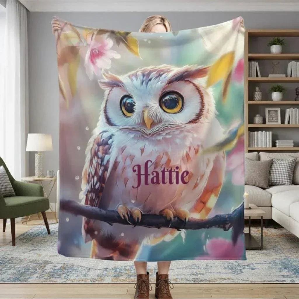 Personalized Owl Blanket: Magical Floral Fleece Throw, Soft Name Gift