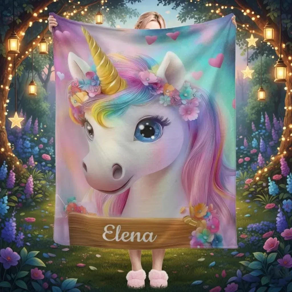 Personalized Unicorn Blanket: Rainbow Pink White Bedroom - Soft Flannel Fleece Throw, Name Gift