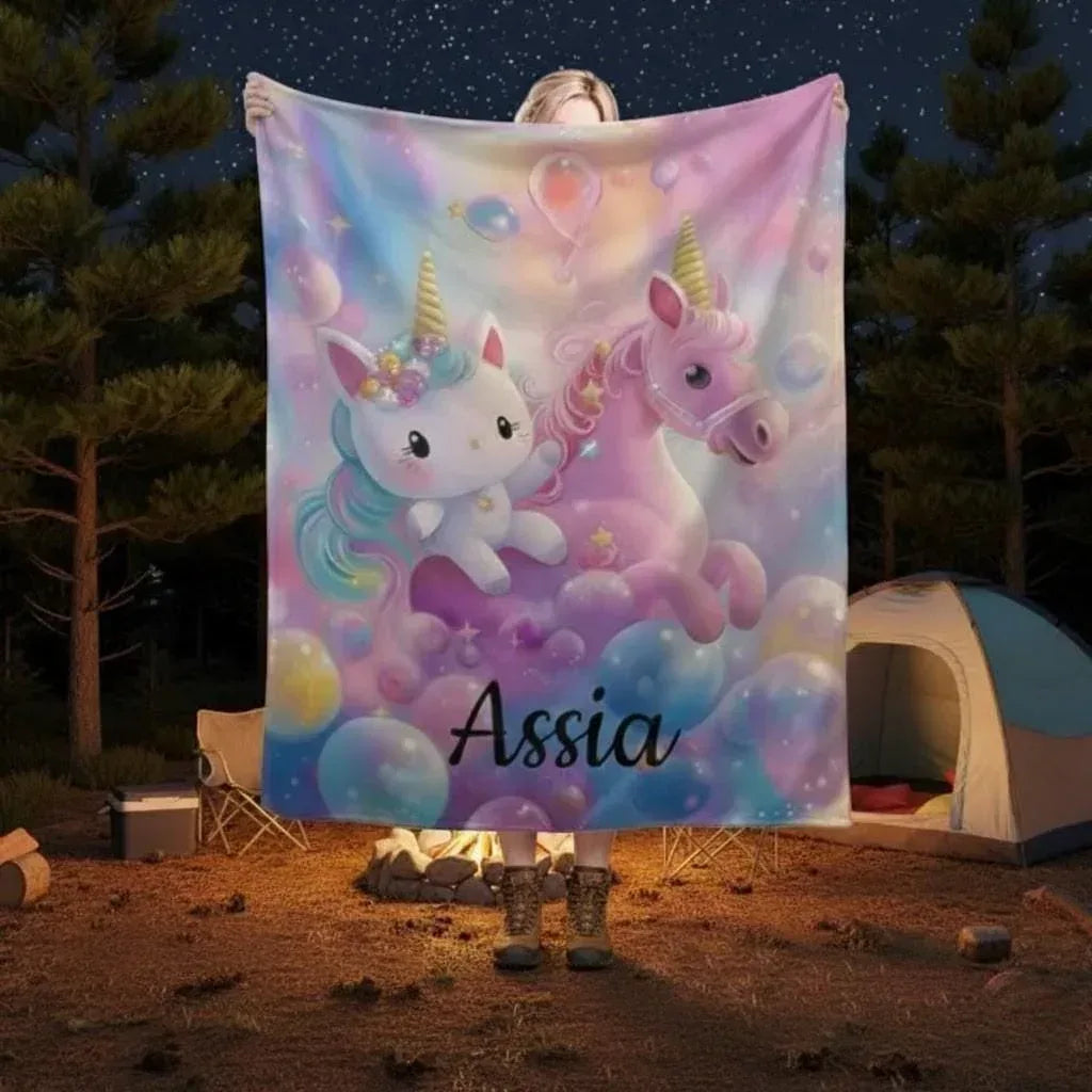 Personalized Kitty& Unicorn Fleece Blanket: Custom Name Throw, Soft Flannel