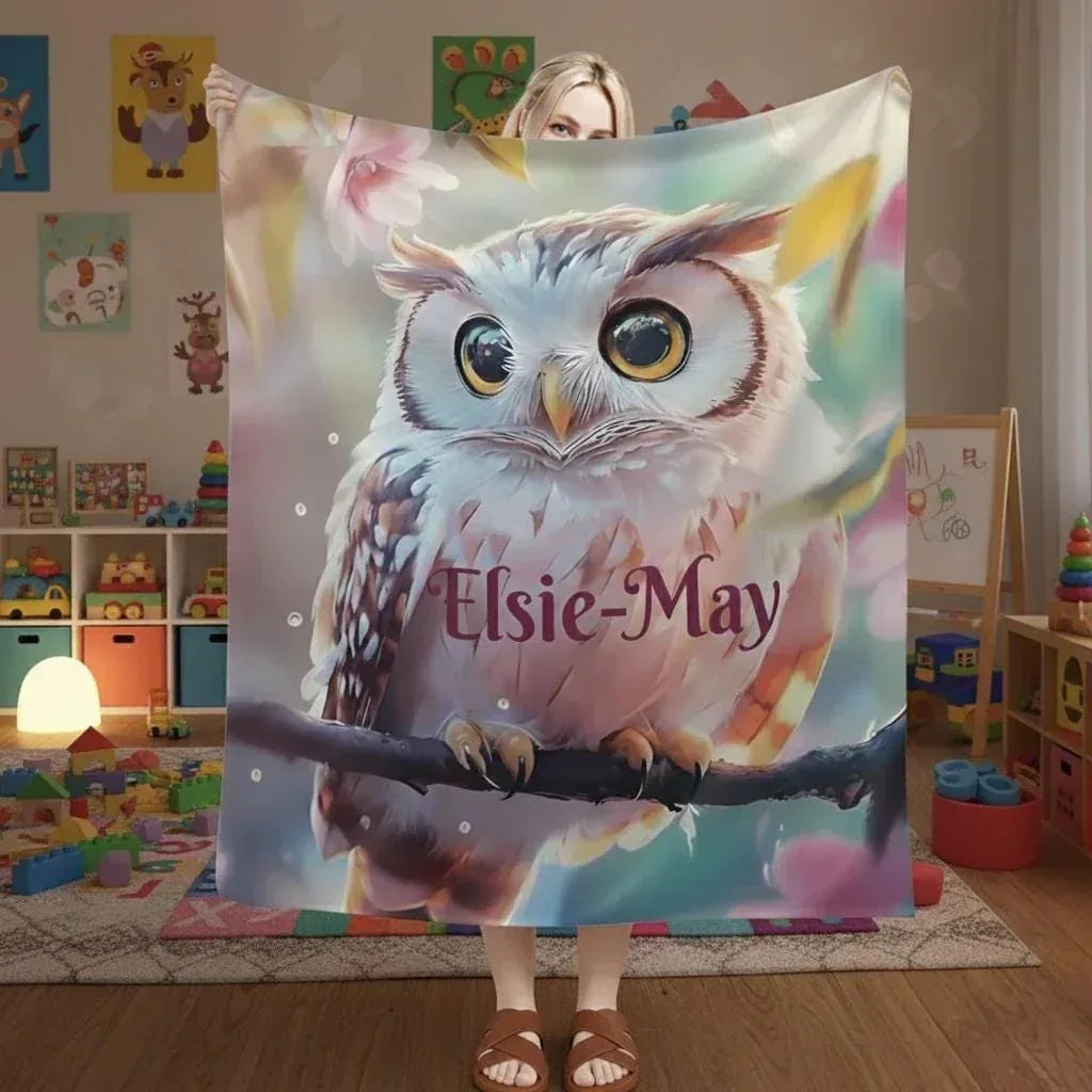 Personalized Owl Blanket: Magical Floral Fleece Throw, Soft Name Gift