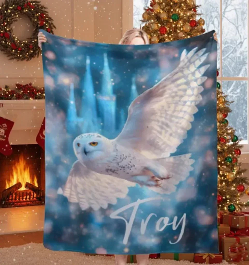 Personalized Wizarding Owl Blanket: Harry Potter Theme, Custom Flannel Fleece Name Throw