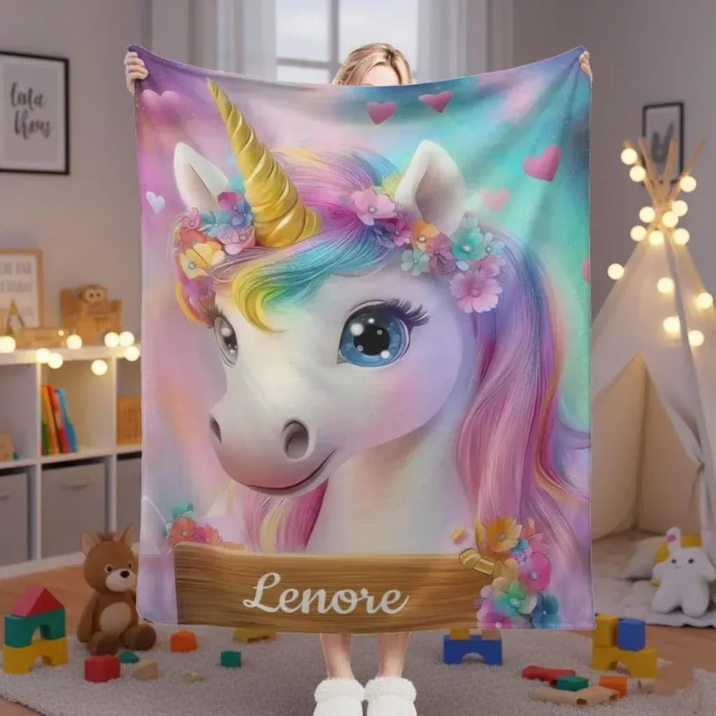 Personalized Unicorn Blanket: Rainbow Pink White Bedroom - Soft Flannel Fleece Throw, Name Gift