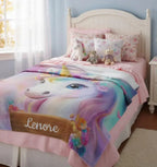 Personalized Unicorn Blanket: Rainbow Pink White Bedroom - Soft Flannel Fleece Throw, Name Gift