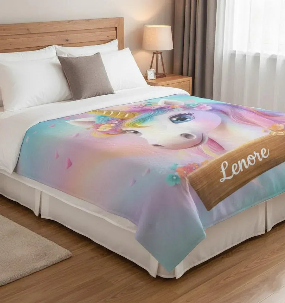 Personalized Unicorn Blanket: Rainbow Pink White Bedroom - Soft Flannel Fleece Throw, Name Gift