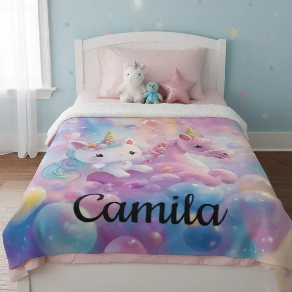 Personalized Kitty& Unicorn Fleece Blanket: Custom Name Throw, Soft Flannel