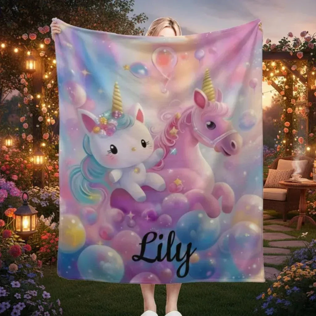 Personalized Kitty& Unicorn Fleece Blanket: Custom Name Throw, Soft Flannel