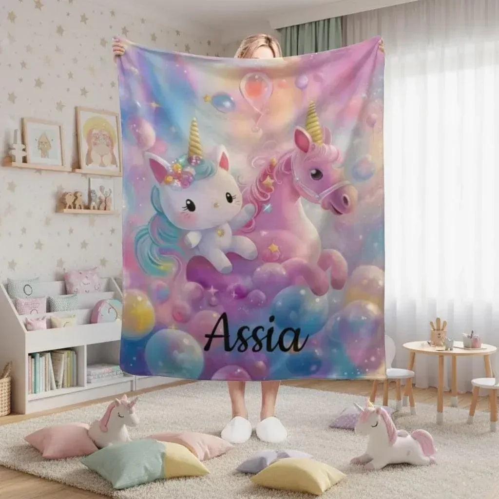 Personalized Kitty& Unicorn Fleece Blanket: Custom Name Throw, Soft Flannel