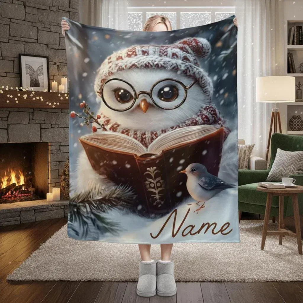 Personalized Winter Owl Flannel Blanket: Snowy Forest Design, Flannel Fleece Throw Name Gift
