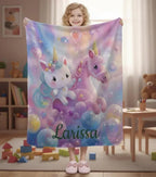 Personalized Kitty& Unicorn Fleece Blanket: Custom Name Throw, Soft Flannel