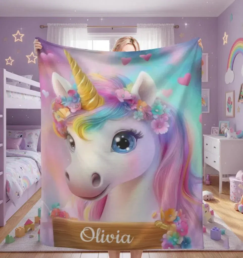 Personalized Unicorn Blanket: Rainbow Pink White Bedroom - Soft Flannel Fleece Throw, Name Gift