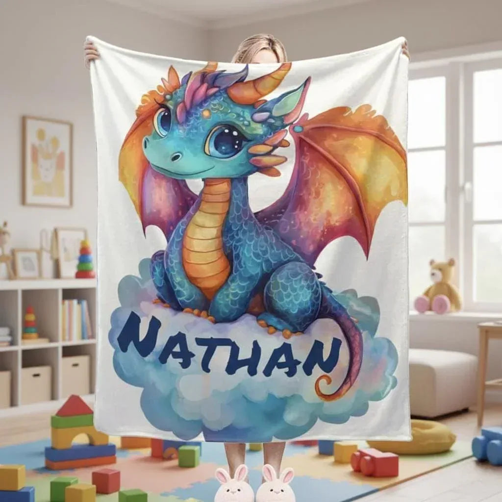Personalized Dragon Blanket: Soft Flannel Fleece Dino Throw, Super Soft Name Gift