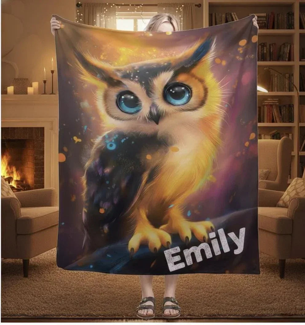 Personalized Cosmic Owl Blanket - Mystical Spirit Animal Throw, Custom Name Gift