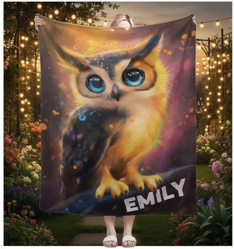 Personalized Cosmic Owl Blanket - Mystical Spirit Animal Throw, Custom Name Gift