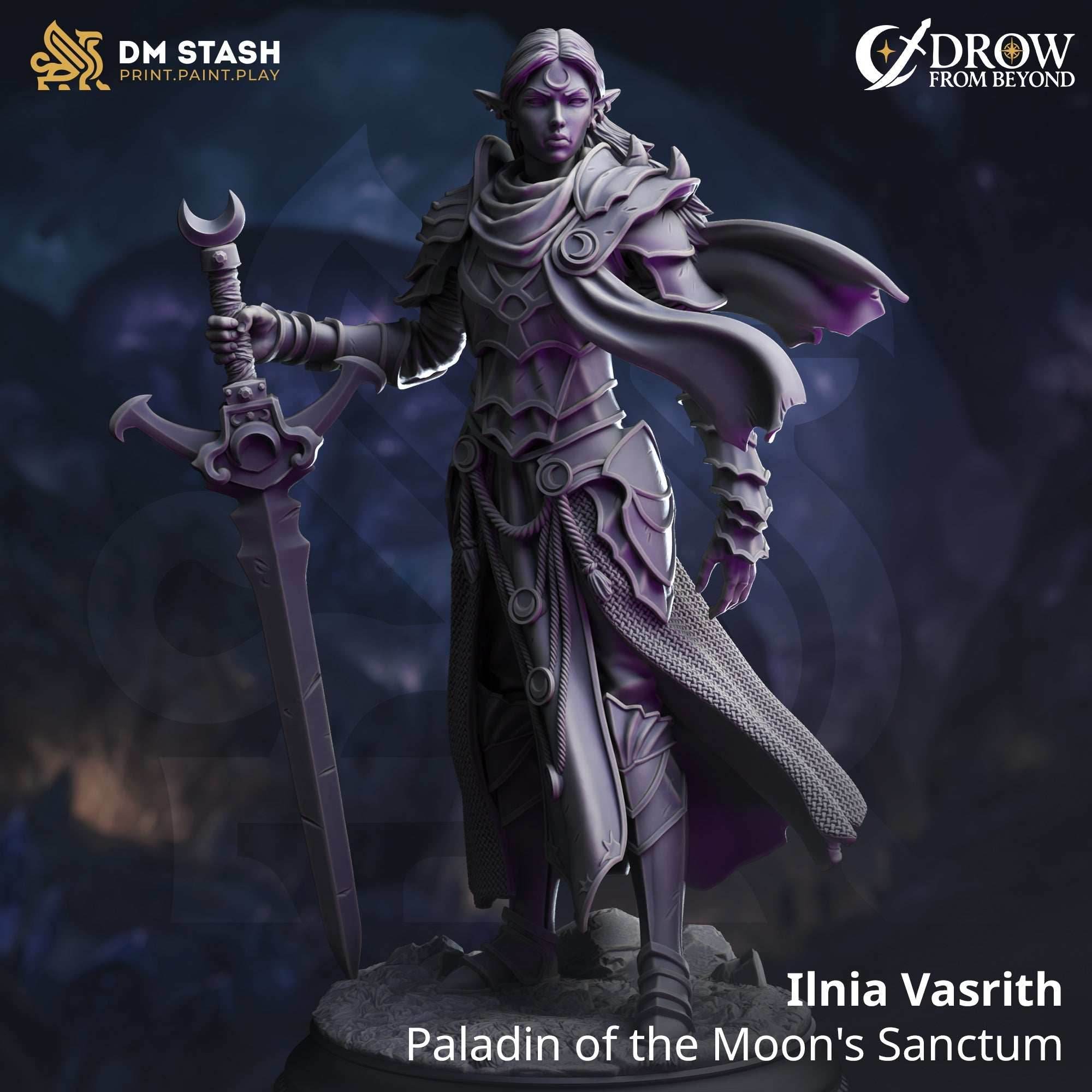 Ilnia Vasrith, Paladin of the Moon's Sanctum (Female Drow Paladin) - 32mm Scale