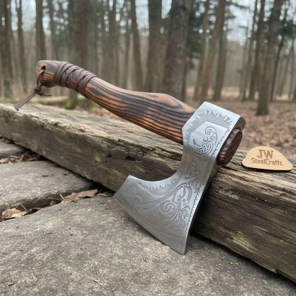 Hand-Forged Carbon Steel Viking Axe | Carved Ash Wood Handle | Leather Wrap Grip | JW SteelCrafts