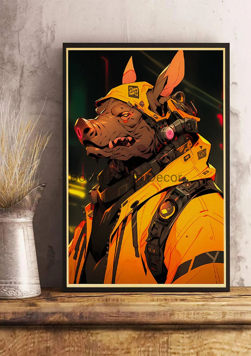 Japan Pop Cyberpunk Animals Posters Aesthetic Kraft Paper Print Bedroom Printed Kawaii Coffee Canvas Wall Art Home Decoration