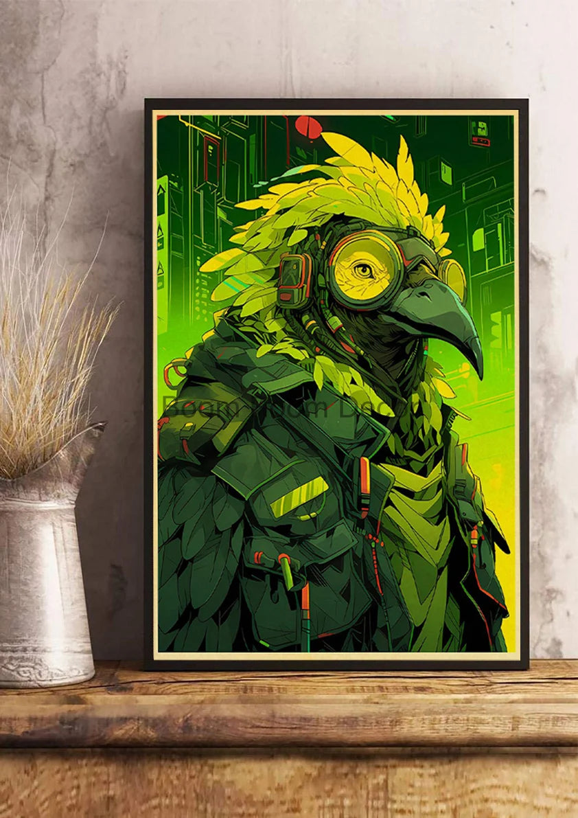 Japan Pop Cyberpunk Animals Posters Aesthetic Kraft Paper Print Bedroom Printed Kawaii Coffee Canvas Wall Art Home Decoration