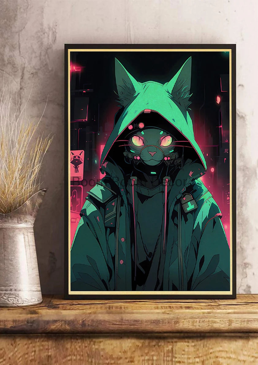 Japan Pop Cyberpunk Animals Posters Aesthetic Kraft Paper Print Bedroom Printed Kawaii Coffee Canvas Wall Art Home Decoration