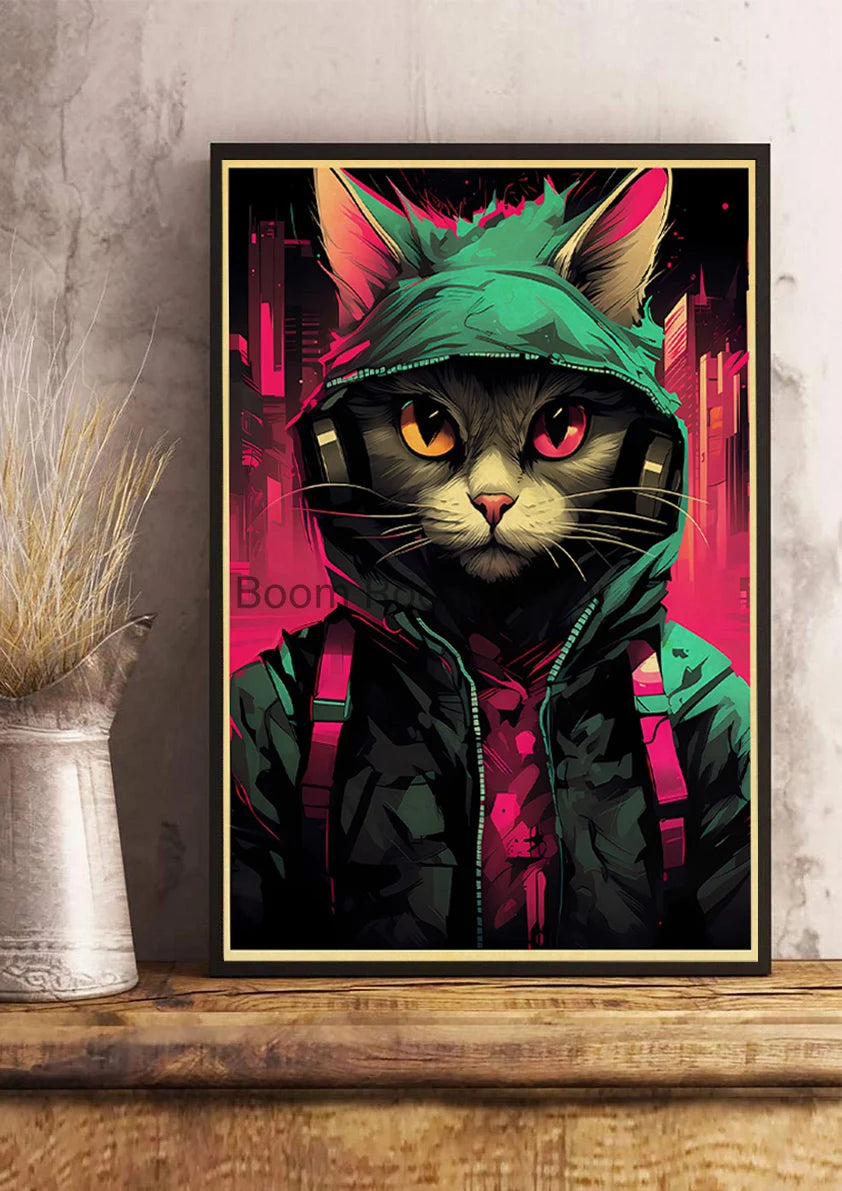 Japan Pop Cyberpunk Animals Posters Aesthetic Kraft Paper Print Bedroom Printed Kawaii Coffee Canvas Wall Art Home Decoration