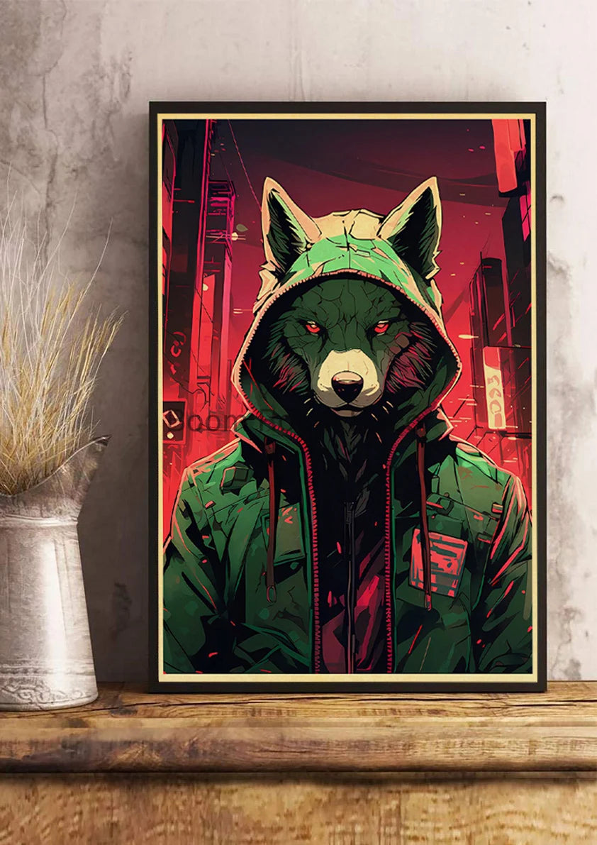 Japan Pop Cyberpunk Animals Posters Aesthetic Kraft Paper Print Bedroom Printed Kawaii Coffee Canvas Wall Art Home Decoration