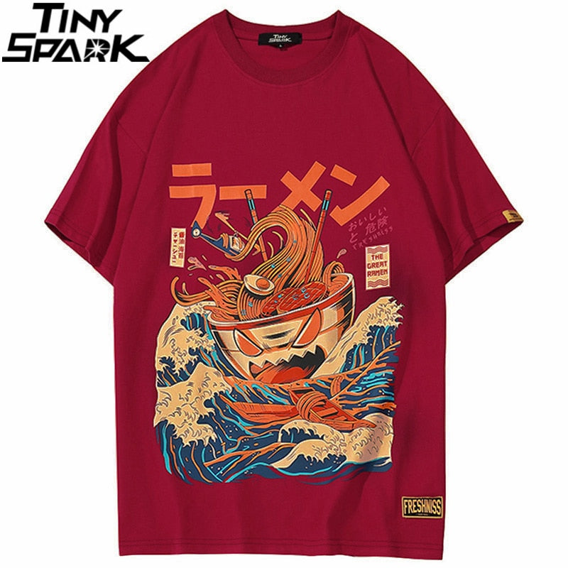 Japanese Harajuku T-Shirt Men Summer Hip Hop T Shirts Noodle Ship Cartoon Streetwear Tshirts Short Sleeve Casual Top Cotton